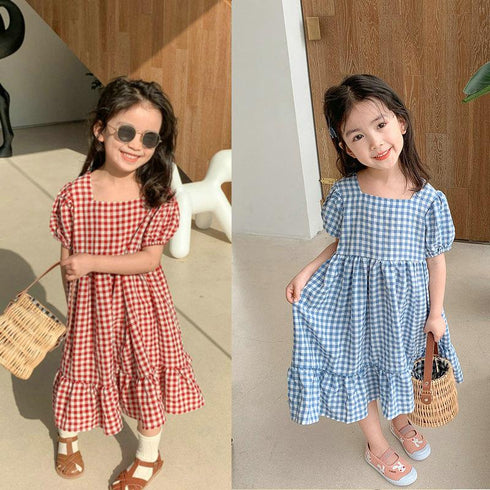 Girl's Summer Plaid Square Neck Bubble Princess Dress