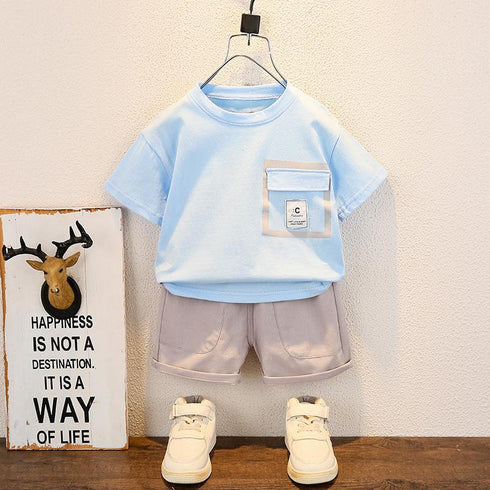 Children's Solid Chest Pocket Summer Set