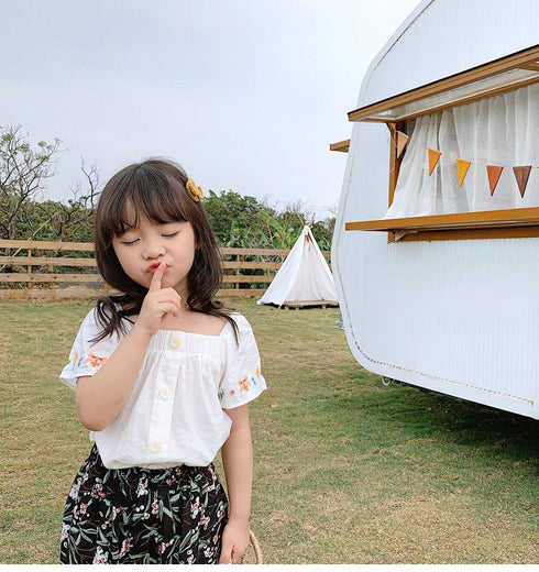 Baby strapless jacket white short sleeve thin embroidered shirt with one-character collar Joker doll shirt
