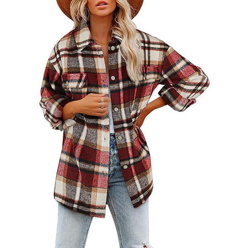 Long-Sleeve Loose Plaid Thickened Wool Jacket