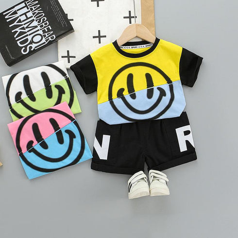 Summer children's smiling face print short sleeve suit