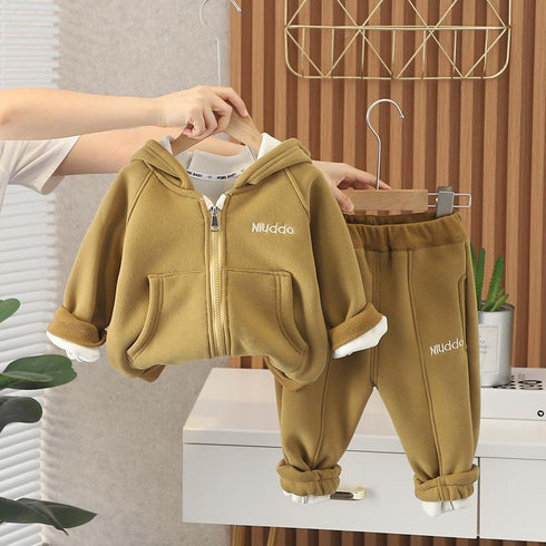 Autumn and winter boys plus velvet hooded long sleeve suit two-piece set