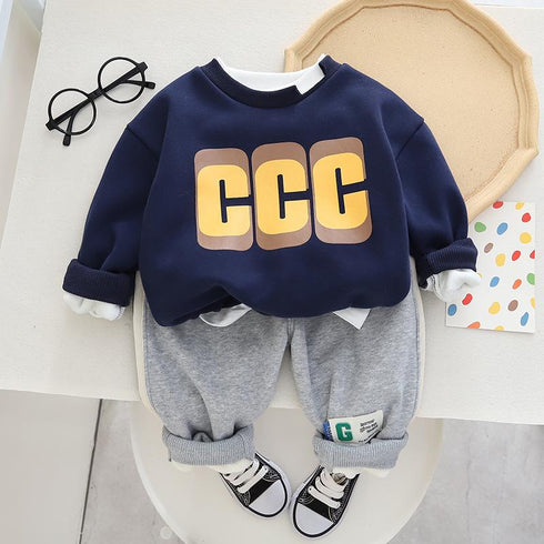 Autumn and winter boys plus velvet long sleeve suit two-piece set