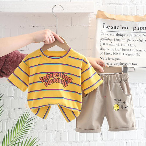 Round neck letter stripe short sleeve suit