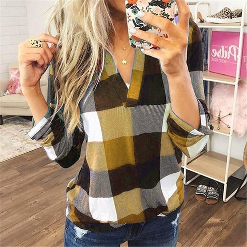 Spring and Autumn Shirt Women's Plaid Medium Long Sleeve Top