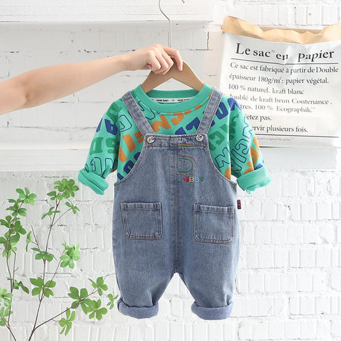Two Piece Set Of Letter Bottoming And Casual Denim Suspenders
