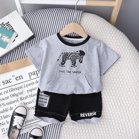 Boys' Large Pocket Round Neck Zebra Short Sleeve Suit Casual Shorts Two Piece Set