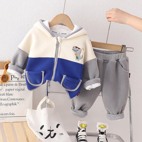 Autumn and winter boys plus velvet hooded suit two-piece set