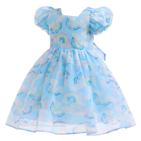 Girl's Bubble Sleeve Dress Rainbow Print Paggy Dress Children's Wear