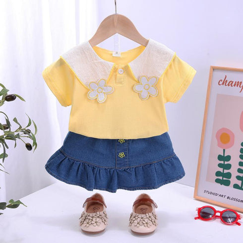 Flower Lapel Short Sleeve With Western Style Denim Skirt Two-piece Set