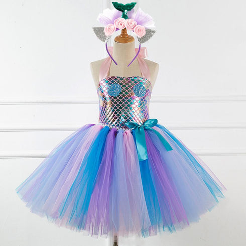European And American Children's Clothing Girls Mermaid Fluffy Skirt Cospaly Performance Dress Fish Scale Dress Dress Send Headdress
