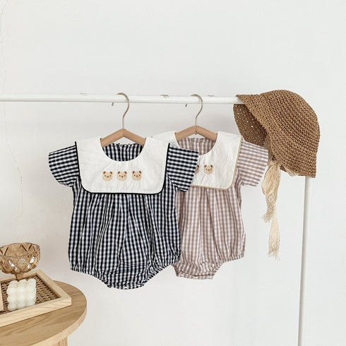 Plaid jumpsuit with square collar embroidered bear jacket climbing clothes