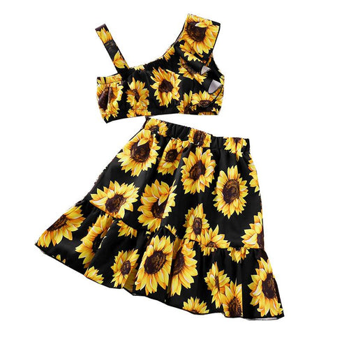 Girl's Summer Sunflower Printed Top Skirt Two-Piece Set
