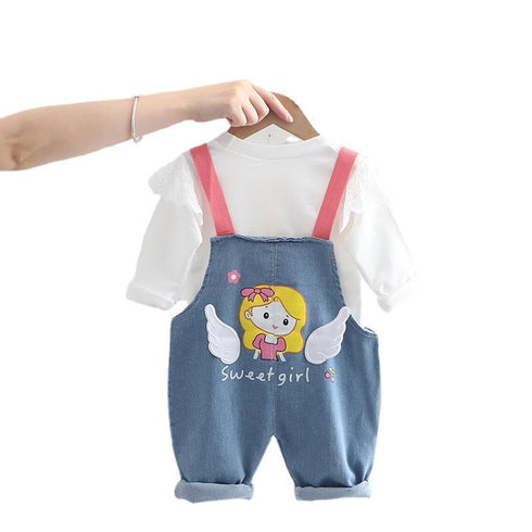 Spring and Autumn Girls Casual Denim Straps Two-Piece Set