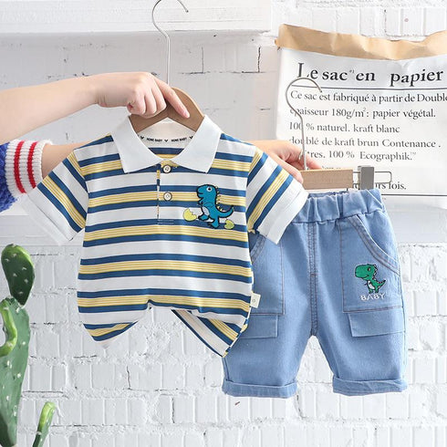Striped Polo Summer Short Sleeve Two Piece Set