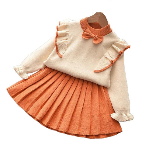 Girls Spring And Autumn Cute Knit Princess Dress Set