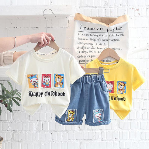 Cartoon Print Round Neck Short Sleeve Suit Boys' Casual Denim Shorts Two Piece Set