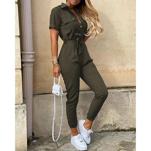 Casual lapel buckle print belt frock jumpsuit