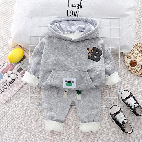 Autumn and winter boys plus velvet hooded sweater suit two-piece set