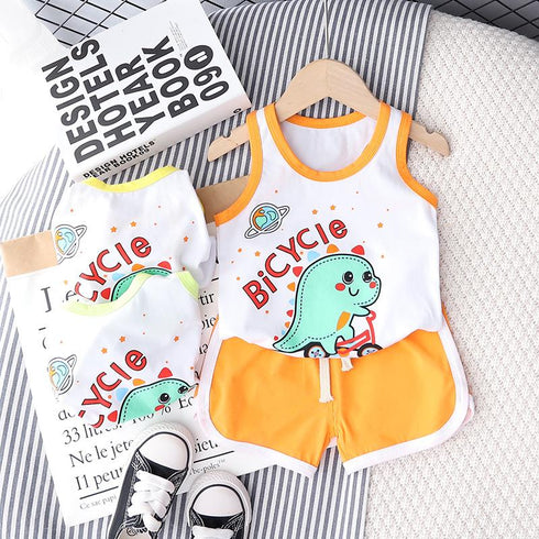 Cartoon round neck sleeveless vest set sports shorts two-piece set