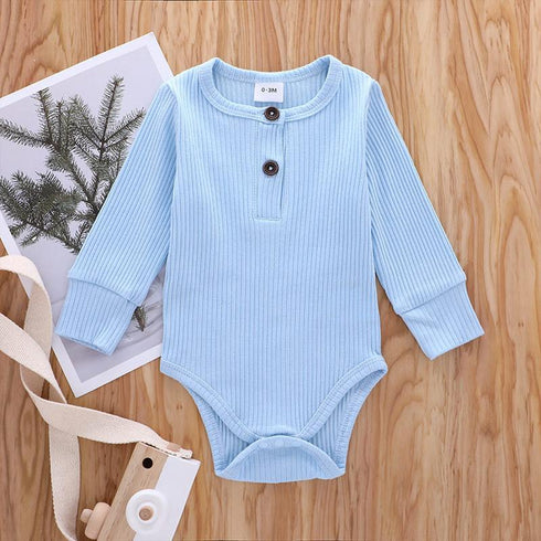 Ribbed Solid Front Button Long-sleeve Baby Romper