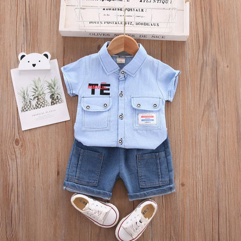 Children's Letter Pocket Shirt Jeans Set