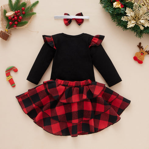 Christmas Elk Plaid Skirt Hair band Three-Piece Set