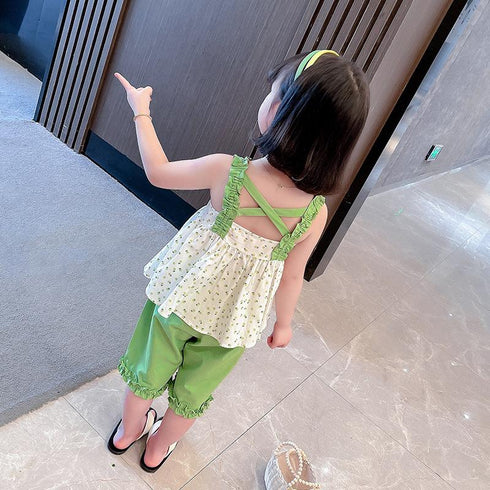 Summer Suit 2022 New Girls Foreign Style Floral Suspender Top Cropped Pants Two-piece Set