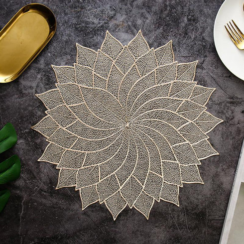 Fortune Leaf Round Table Mat Light Luxury Bronzing Western Food Mat Hollowed Out PVC Solid Color Heat Insulation Mat