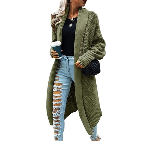 Fall winter lapel bat sleeve knit long sweater cardigan