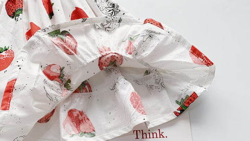 Girls Dress 2022 Summer New Girls Strawberry Print Dress Bow Princess Dress