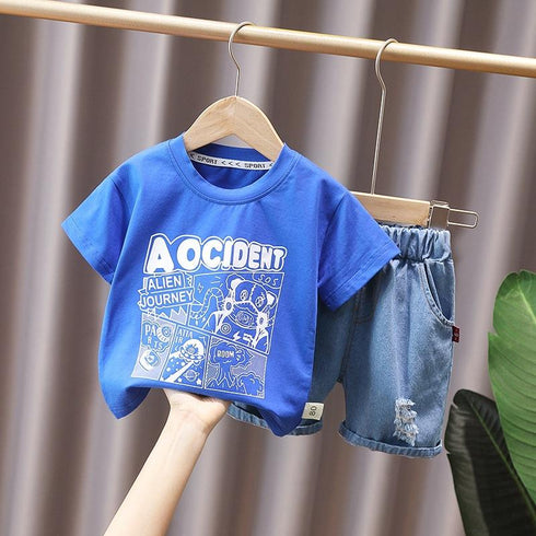 Boys summer suit short sleeve denim shorts two-piece set