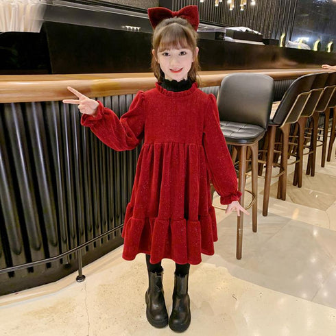 Add velvet sparkling red fairy dress New Year Christmas elegant dress children's foreign style princess dress