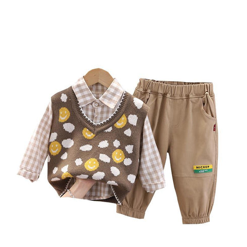 Children spring and autumn long sleeve shirt knitted waistcoat sweater vest set of three