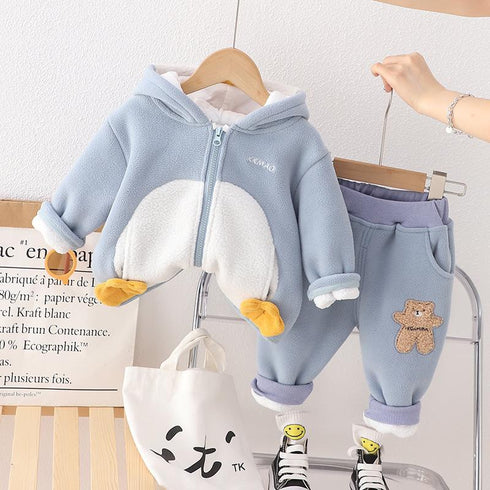 Autumn and winter children plus velvet hooded suit two-piece set