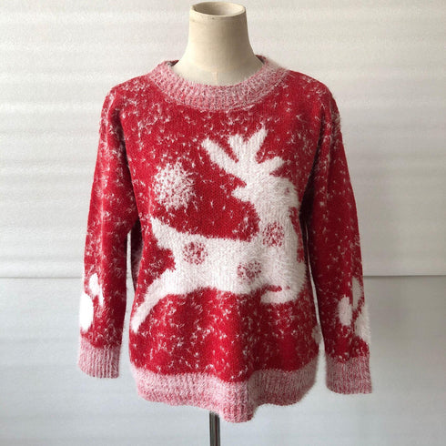 New Year Christmas Sweater Fawn Snowflake Crewneck Knit Pullover