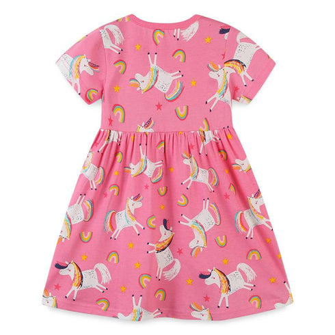 European And American Style Girls Short Sleeve Dress Summer Knitted Cotton Cartoon Round Neck Princess Dress Cute Printed Children's Dress