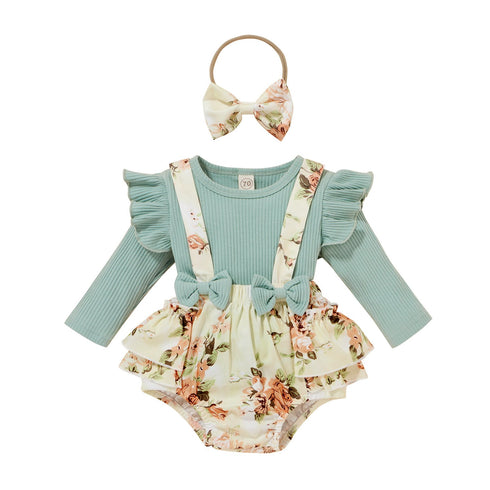 Cotton Pit Strip Long Sleeve Top + Suspender Skirt Set
