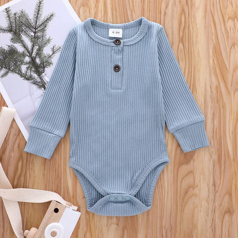 Ribbed Solid Front Button Long-sleeve Baby Romper