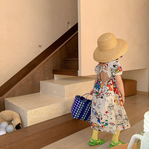 Girl's Summer Backless Graffiti Dress