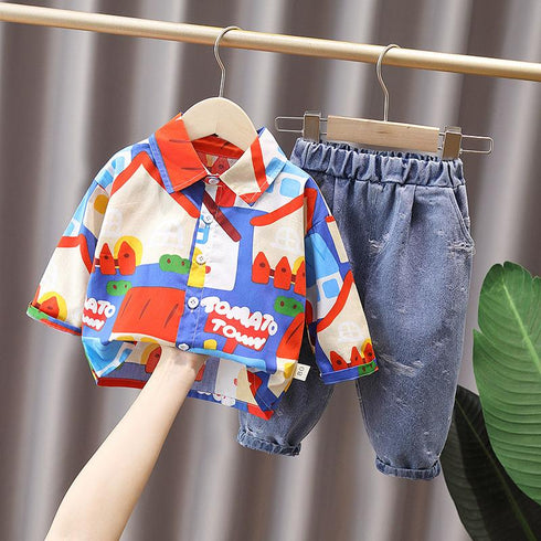 Spring and Autumn Boys Shirt Long Sleeve Set Two-Piece Set