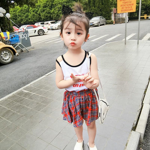Girls Summer Letter Vest Plaid Skirt Set
