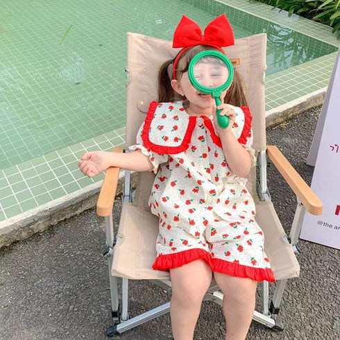Little Floral Lapel Cardigan Pajamas For Girls Summer