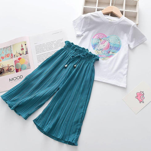 Girls Summer Sequined Unicorn Short Shirt Wide Leg Pants Set