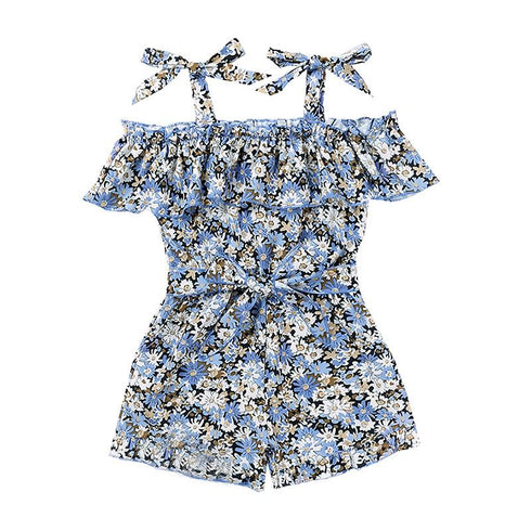 Girls' Summer Floral One Shoulder Bandage Bow One-piece Shorts