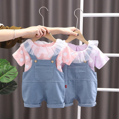 Children's short sleeve set thin breathable T-shirt dinosaur Girl Doll collar children's set