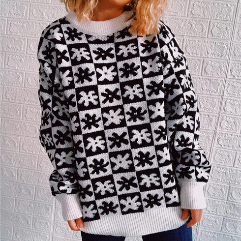 Small Plaid Crewneck Knit Sweater for Autumn and Winter