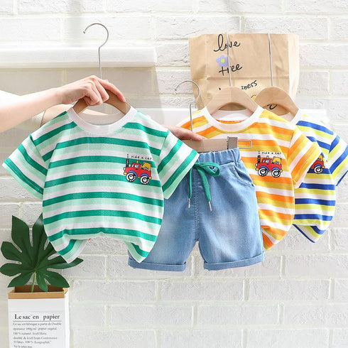 Striped Light T-shirt + Denim Shorts Two Piece Set