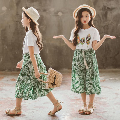 Girls Summer Leaf Graffiti T-shirt Lace Up Wide Leg Pants Two Piece Set