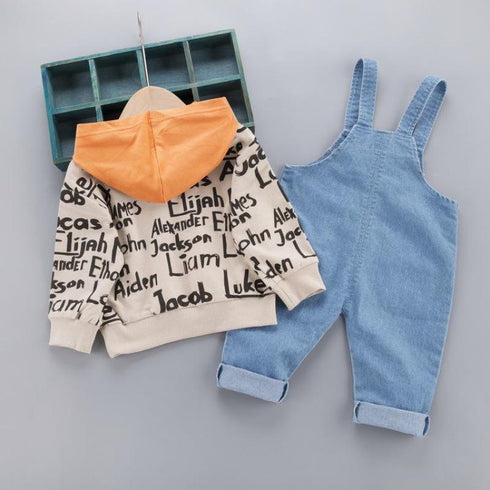 Children's Spring and Autumn Hoodie Denim Strap Pants Two-Piece Set